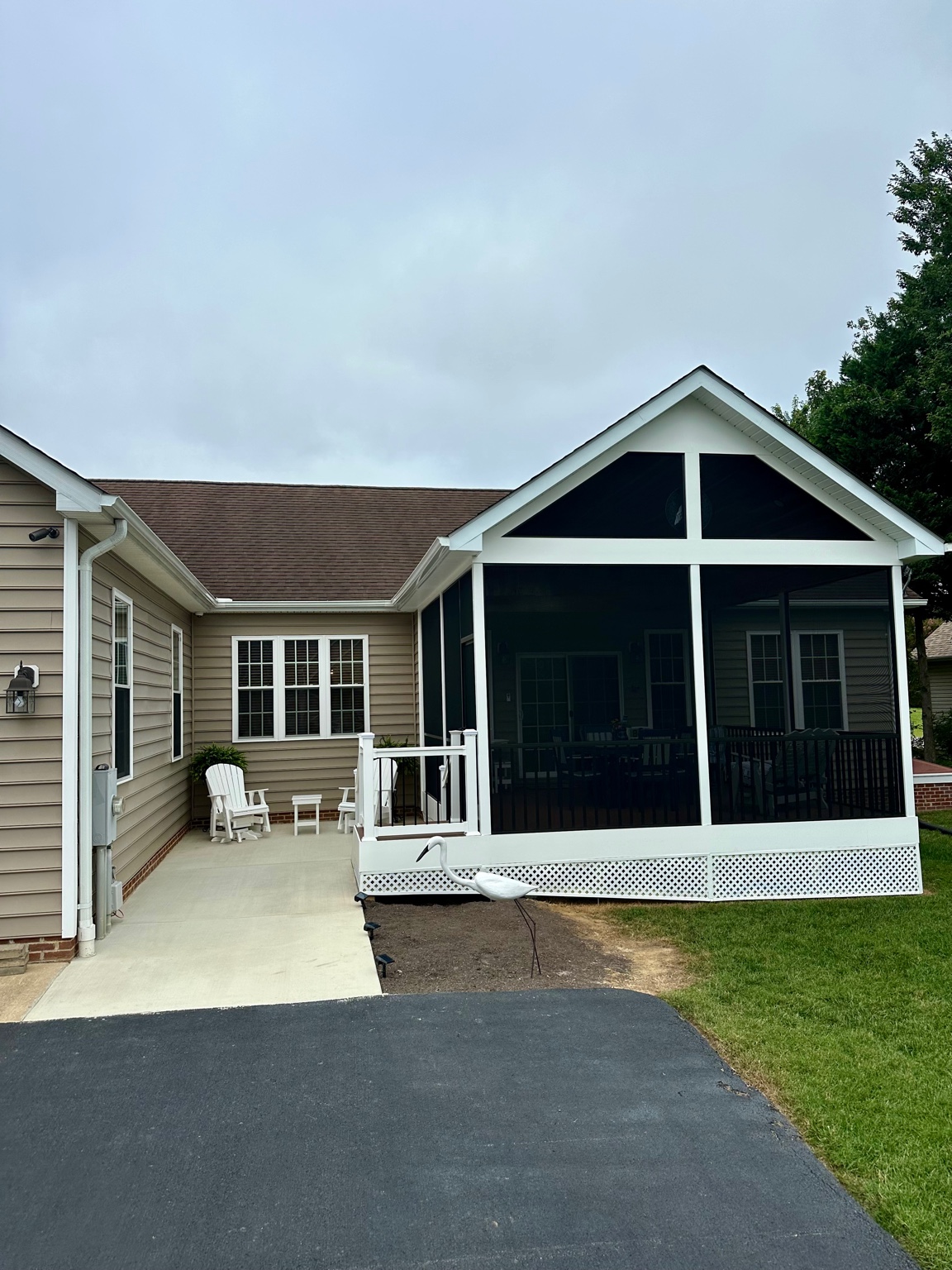 Screened-in porch with white trim and black rails